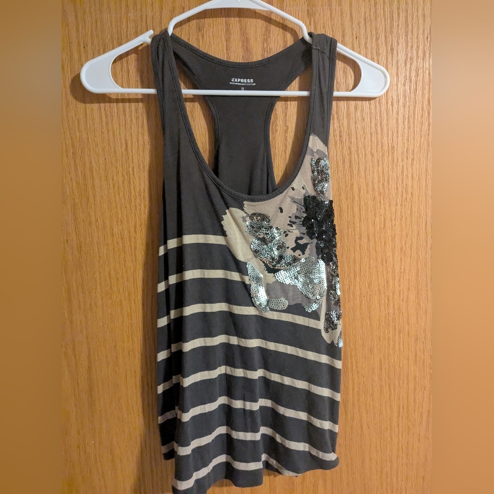 Express Women's Black and Gray Striped Tank Top